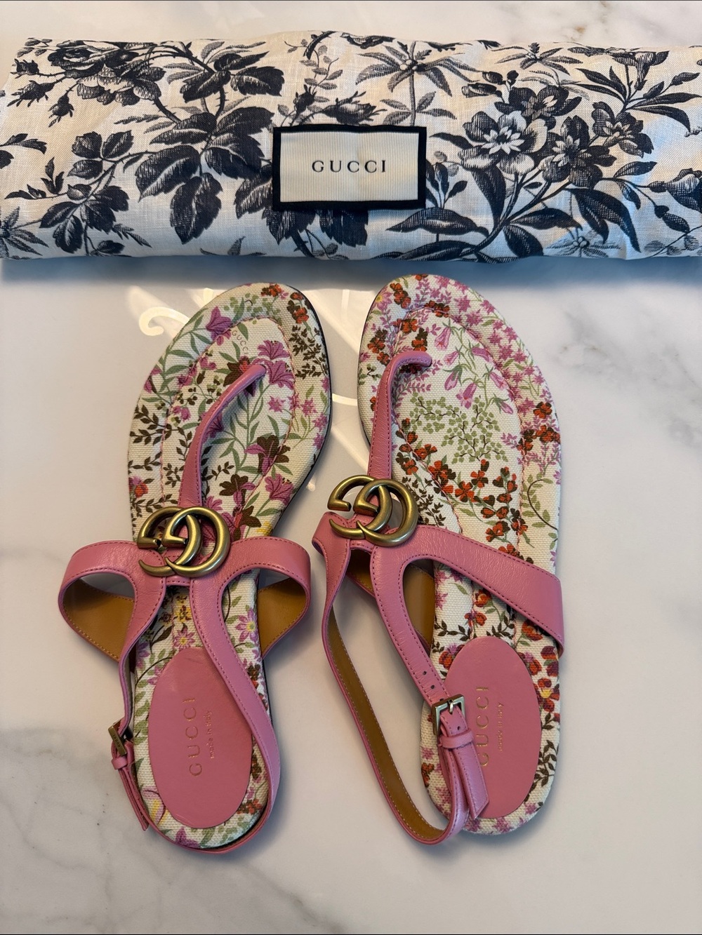 Gucci Pink Floral GG Leather Toe-Ring Sandals